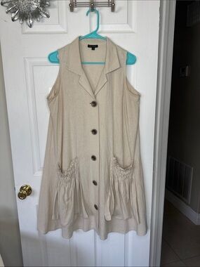 For Cynthia Beige Sleeveless Linen Blend Button-Front Tunic Dress. Sz M